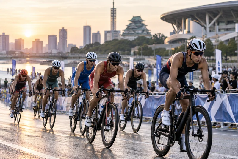 Scena editoriale contestuale generata con IA: triatleti asiatici in bicicletta a Nagoya durante una gara multisportiva; non è una fotografia documentaria.
