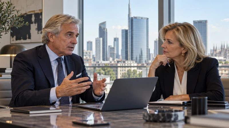 Immagine editoriale IA di dirigenti bancari durante un incontro strategico in un ufficio di Milano.
