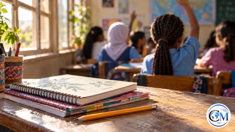 Illustrazione editoriale IA di quaderni e alunne viste di spalle in classe; non rappresenta bambine reali coinvolte nei dati UNICEF.