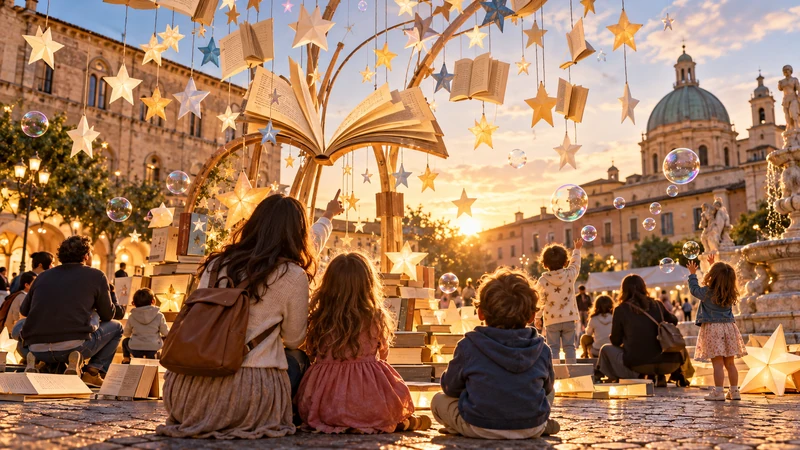 Illustrazione editoriale IA ultrarealistica e simbolica della Giornata nazionale della meraviglia con libri, stelle e bolle di sapone; scena non documentaria.