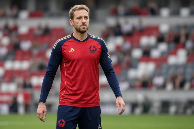 Calciatore con maglia rossa Lille in campo, somiglianza sintetica a Olivier Giroud; illustrazione editoriale IA non documentaria.