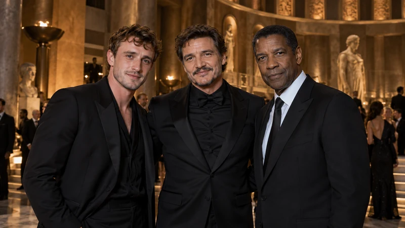 Illustrazione editoriale IA con somiglianze sintetiche di Paul Mescal, Pedro Pascal e Denzel Washington a una première, senza riprodurre una scena del film.
