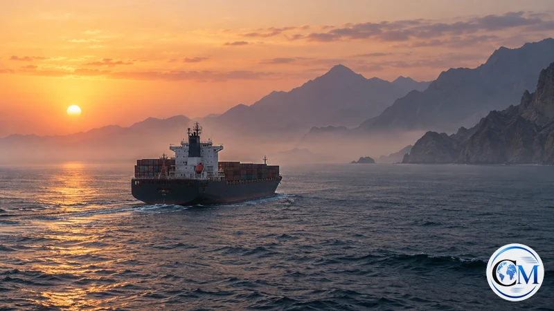 Illustrazione editoriale IA ultrarealistica di una nave cargo nel Golfo dell'Oman; non mostra l'intervento militare reale.