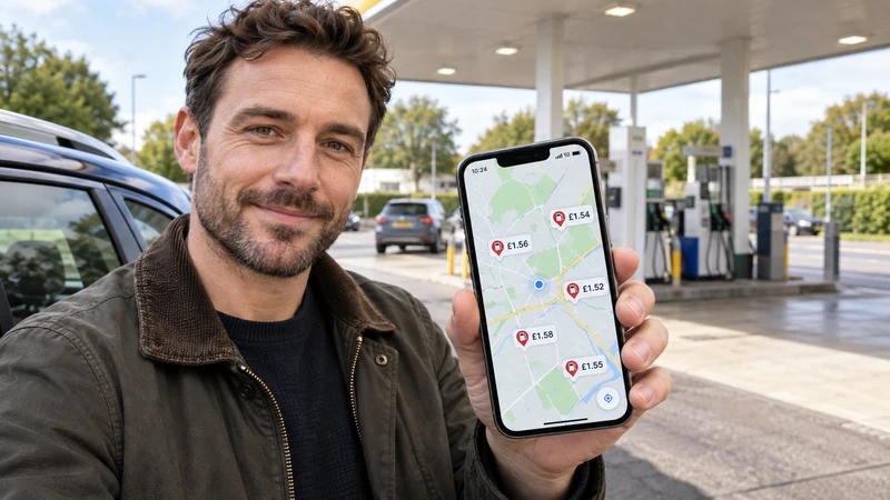 Illustrazione editoriale IA di un automobilista britannico che confronta sul telefono i prezzi dei distributori; scena non documentaria.