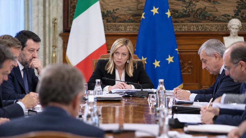 Illustrazione editoriale IA di Giorgia Meloni a una riunione di Governo; scena non documentaria.