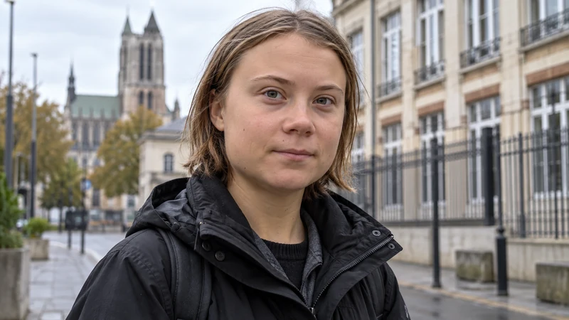 Somiglianza sintetica editoriale IA di Greta Thunberg nel contesto urbano di Saint-Denis; non documenta la manifestazione.