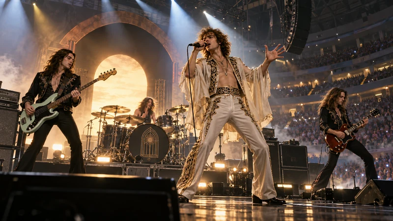 Illustrazione editoriale IA ultrarealistica dei Greta Van Fleet sul palco dell'Unipol Forum di Milano; scena non documentaria.
