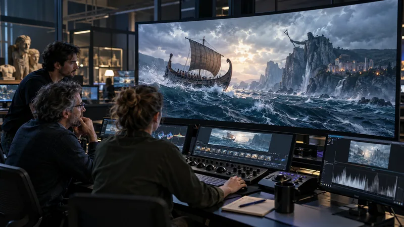 Studio di postproduzione che lavora a una scena dell’Odissea generata con intelligenza artificiale, immagine editoriale IA