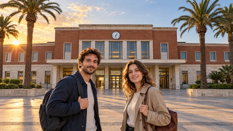 Illustrazione editoriale IA del fabbricato della stazione di Grosseto in piazza Marconi; non documenta la partenza del regionale R 4501.