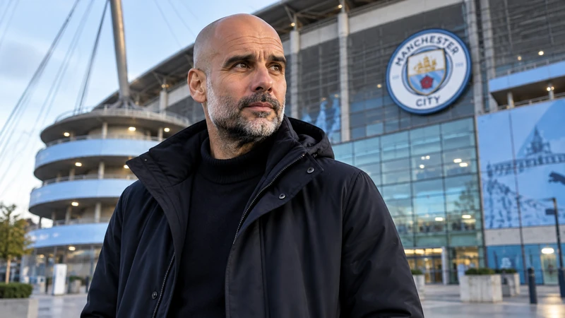 Somiglianza sintetica IA di Pep Guardiola davanti all'Etihad Stadium; scena editoriale non documentaria, non una fotografia del suo ritorno.
