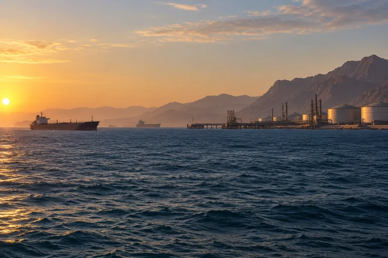 Terminale energetico e navi mercantili sul Mar Rosso all'alba, illustrazione editoriale fotorealistica generata con IA e non riferita a un luogo reale specifico.