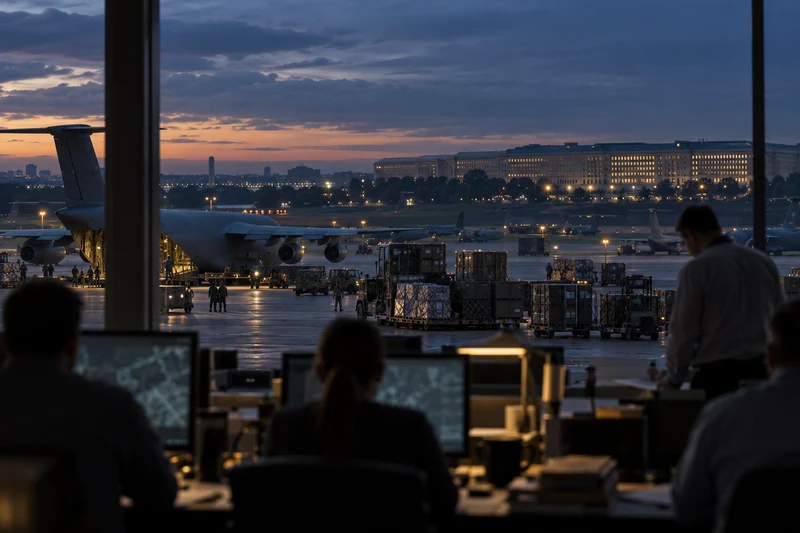 Illustrazione editoriale IA non documentaria di un centro logistico militare statunitense al tramonto, con aerei cargo, materiali e analisti al lavoro