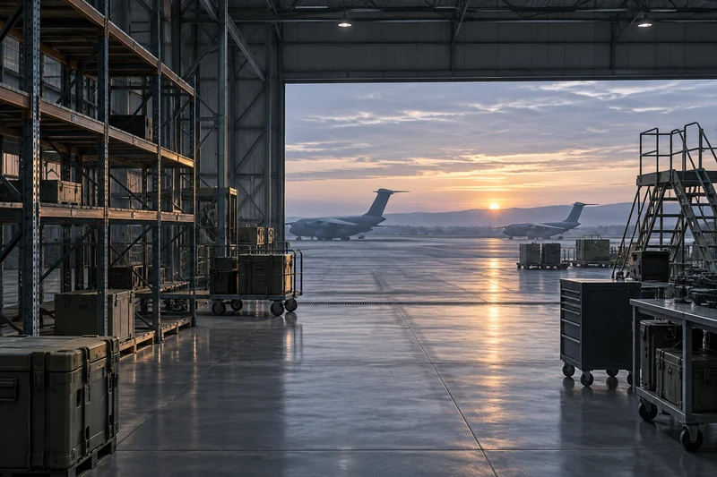 Immagine editoriale IA di un hangar logistico militare con scaffali e aerei cargo sullo sfondo
