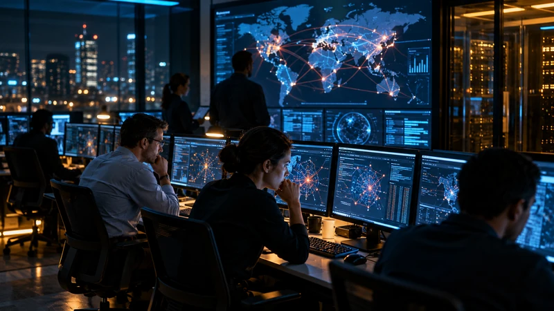 Illustrazione editoriale IA di un centro operativo di sicurezza informatica che monitora attacchi automatizzati.