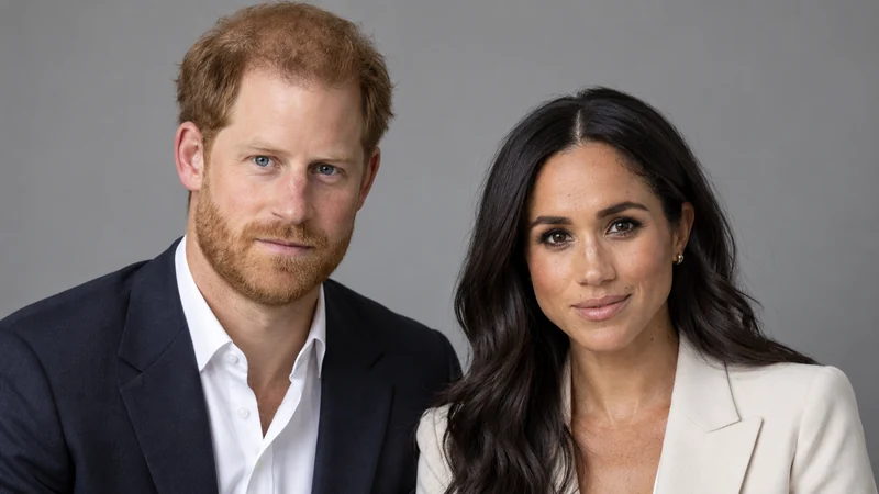 Ritratto editoriale neutrale di Harry e Meghan, somiglianze sintetiche non documentarie.