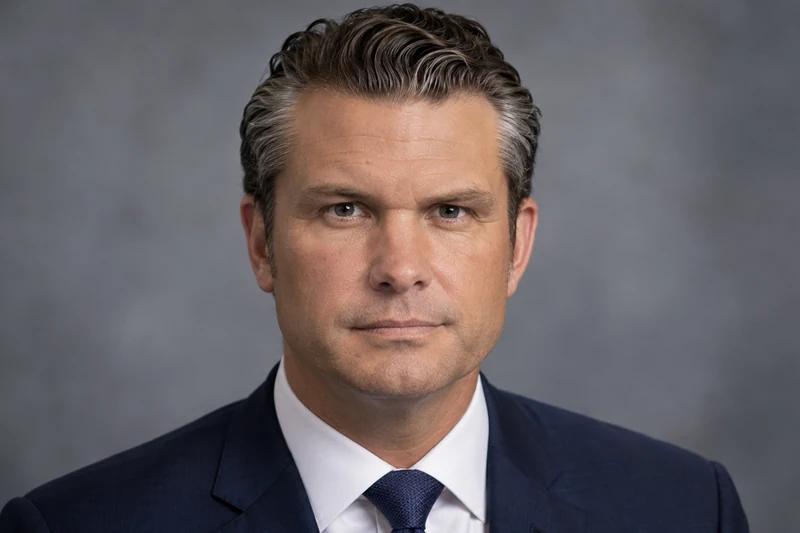 Ritratto editoriale neutrale di Pete Hegseth generato con IA; somiglianza sintetica, non fotografia documentaria.