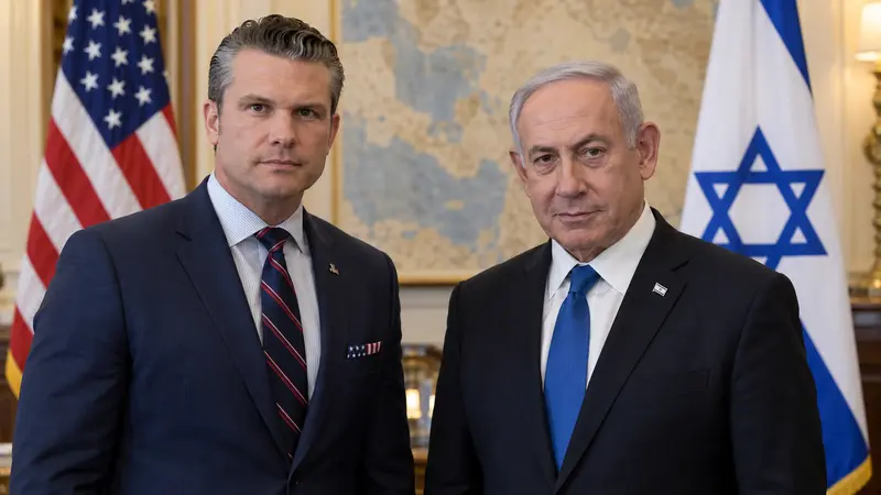 Illustrazione editoriale IA di Pete Hegseth e Benjamin Netanyahu durante un incontro istituzionale in Israele.