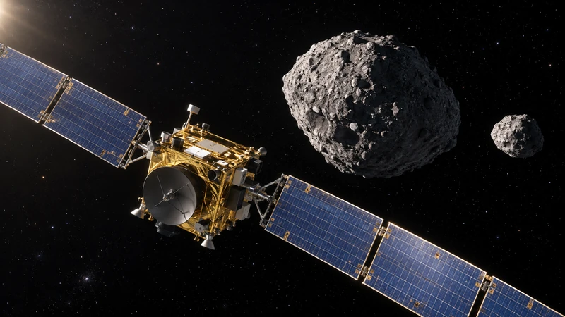 Illustrazione editoriale IA della sonda Hera in avvicinamento al sistema Didymos; scena spaziale non documentaria.