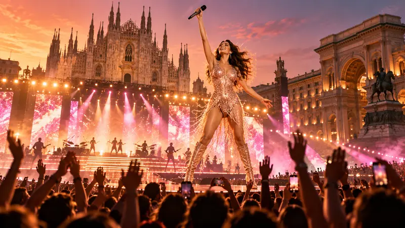Una cantante pop su un grande palco milanese, illustrazione editoriale IA non documentaria.