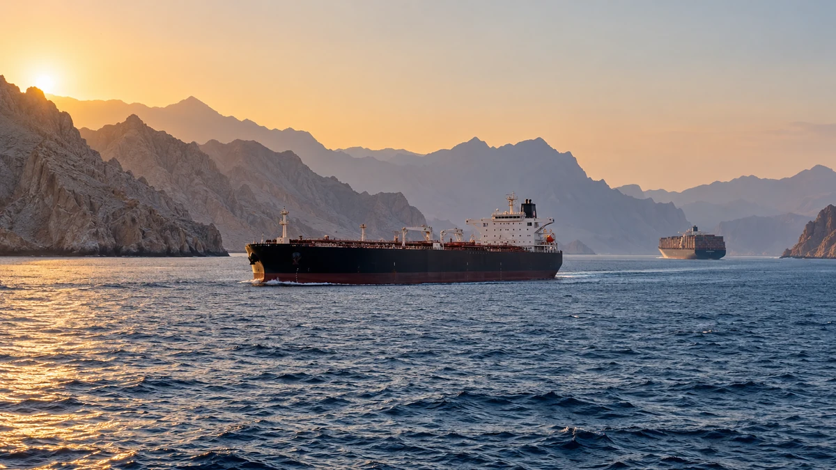 Illustrazione editoriale IA dello Stretto di Hormuz con navi mercantili integre; contesto geografico, non ricostruzione degli attacchi.