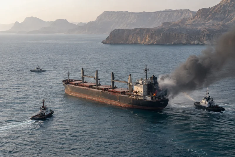 Scena editoriale sensibile generata con IA di una nave commerciale danneggiata vicino a Qeshm con mezzi di soccorso, senza vittime visibili