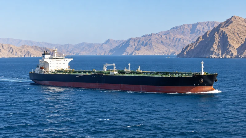 Illustrazione editoriale IA di una petroliera nello Stretto di Hormuz in piena luce, con la costa montuosa dell’Oman sullo sfondo; scena non documentaria.