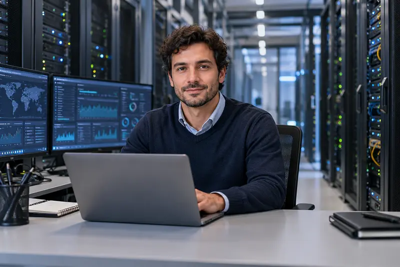 Tecnico informatico in una sala server mentre controlla l’infrastruttura cloud aziendale; illustrazione editoriale IA non documentaria.