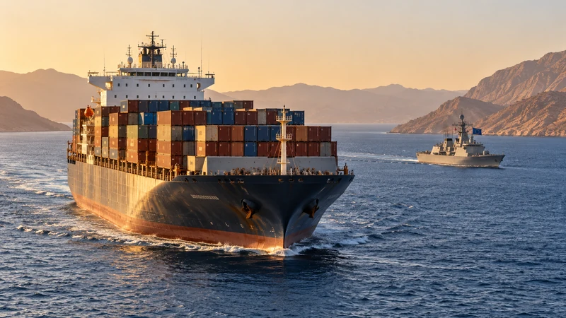 Nave commerciale nel Mar Rosso con pattugliatore europeo distante, illustrazione editoriale IA non documentaria.