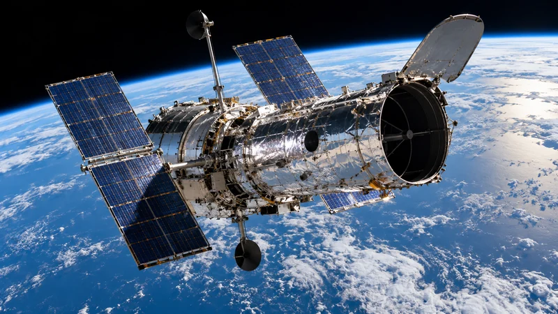 Il telescopio Hubble sopra la Terra; illustrazione editoriale IA del telescopio, non fotografia di una nuova osservazione.
