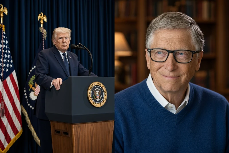 Donald Trump al podio e Bill Gates in ritratto editoriale; illustrazione IA non documentaria sul dibattito regolamentazione IA.