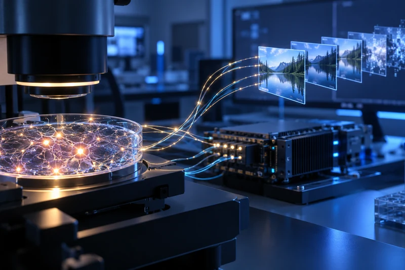 Illustrazione editoriale generata con IA: coltura neurale osservata al microscopio collegata visivamente a hardware informatico e fotogrammi digitali; non è una fotografia documentaria.