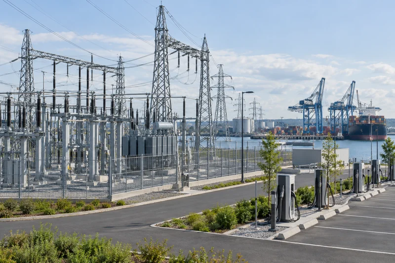 Illustrazione IA di reti elettriche e ricarica vicino a un porto commerciale; non è una fotografia del rapporto IEA.