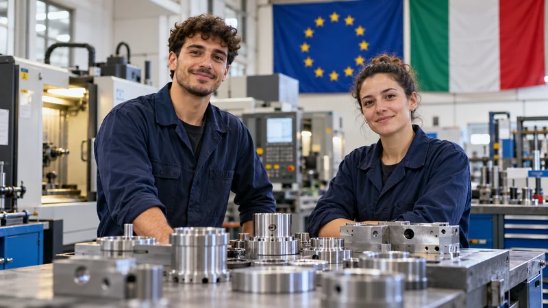 Immagine editoriale IA di giovani tecnici in un laboratorio industriale italiano.