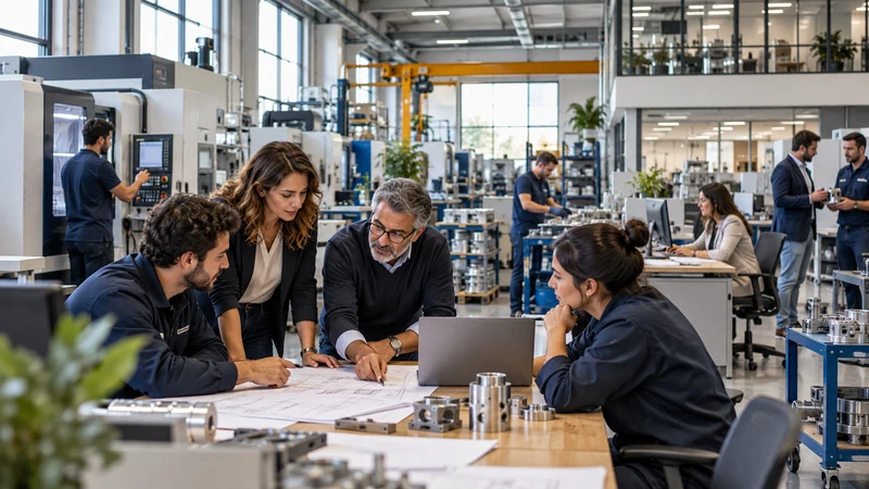 Illustrazione editoriale IA di una piccola impresa industriale italiana moderna; scena non documentaria.