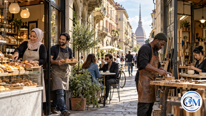 Illustrazione editoriale IA ultrarealistica di titolari di piccole imprese in una via commerciale italiana; scena non documentaria.