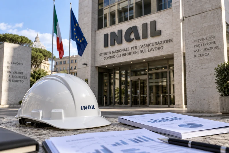 Illustrazione editoriale IA della sede INAIL con casco da lavoro e documenti statistici; scena non documentaria.