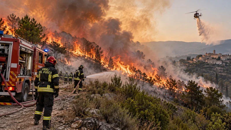Vigili del fuoco impegnati a spegnere un incendio boschivo, ricostruzione visiva IA