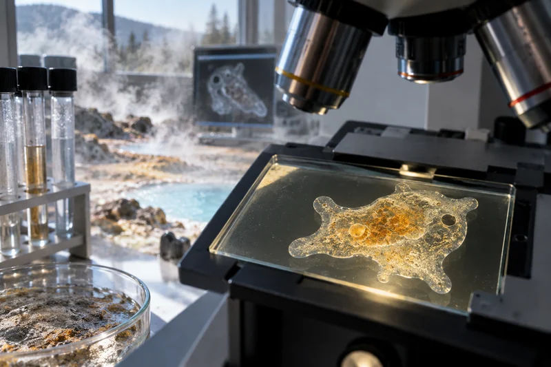 Illustrazione editoriale IA di Incendiamoeba cascadensis osservata in laboratorio vicino a una sorgente calda; scena non documentaria.