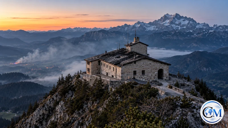 Illustrazione editoriale IA del Kehlsteinhaus dopo un incendio, senza persone ferite o fiamme; non è una fotografia dell’evento.
