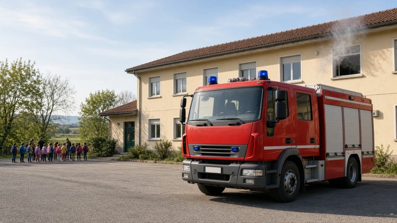 Illustrazione editoriale IA di vigili del fuoco alla scuola di Buja; scena non documentaria.