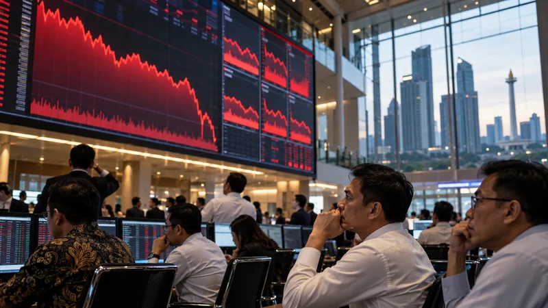 Illustrazione editoriale IA di investitori davanti a grafici in calo nella Borsa di Giacarta.