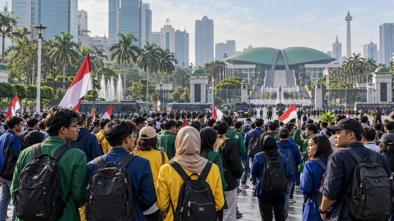 Scena editoriale IA di studenti universitari riuniti pacificamente nel distretto civico di Jakarta con bandiere indonesiane.
