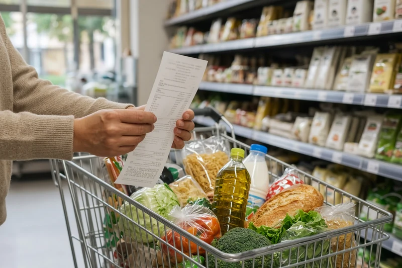 Illustrazione editoriale IA di carrello della spesa e scontrino in un supermercato; scena non documentaria.