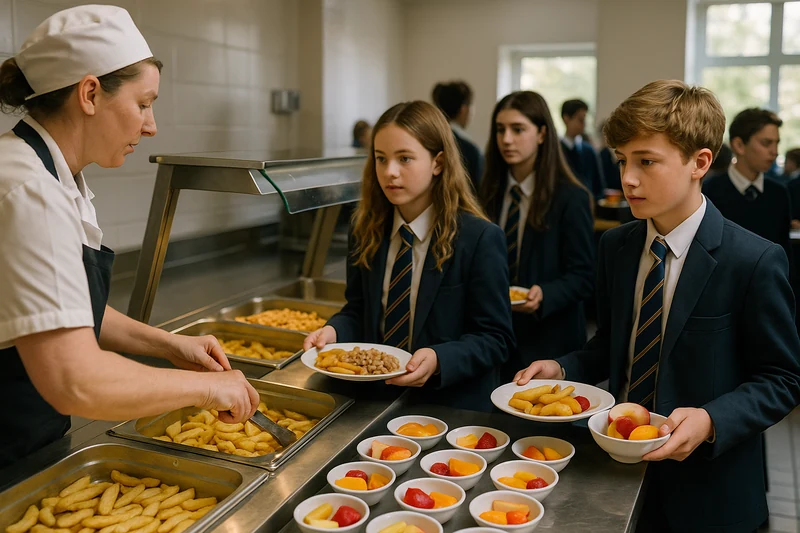 Scena editoriale ordinaria in una mensa scolastica inglese con personale che serve patatine al forno, pasta integrale e frutta a studenti in uniforme.
