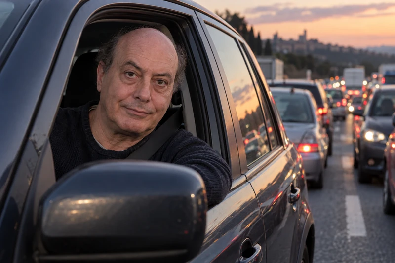 Scena editoriale IA non documentaria con Corrado Guzzanti in volto al finestrino di un'auto ferma in coda, per la serie Ingorgo.