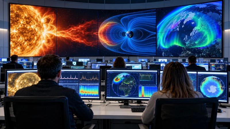 Ricercatori al lavoro in una sala operativa con visualizzazioni del Sole e del campo magnetico terrestre