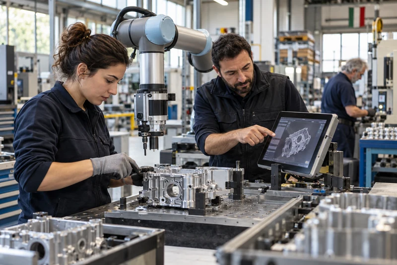 Piccola impresa italiana con lavoratori, robot collaborativo e controllo digitale; illustrazione editoriale IA.