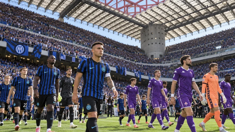 Inter e Fiorentina entrano in campo a San Siro, illustrazione editoriale generata con IA
