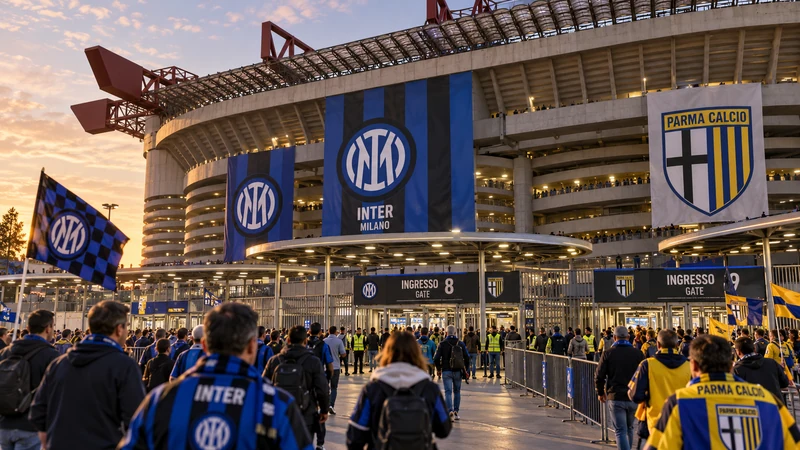 Illustrazione editoriale IA ultrarealistica di Inter-Parma allo stadio Giuseppe Meazza; scena sportiva non documentaria.