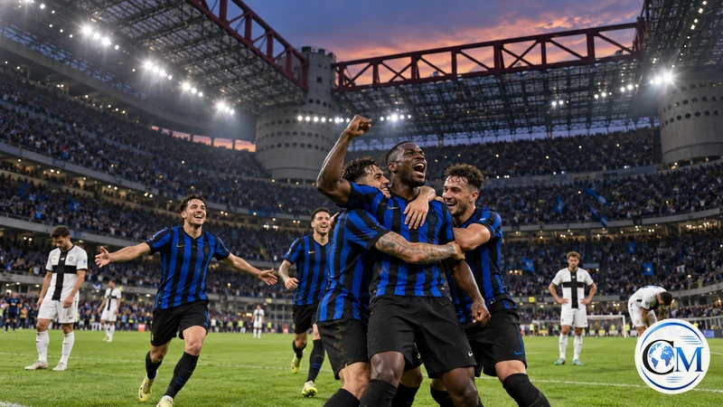 Illustrazione editoriale IA ultrarealistica di San Siro e di una celebrazione calcistica; non è una fotografia della partita.
